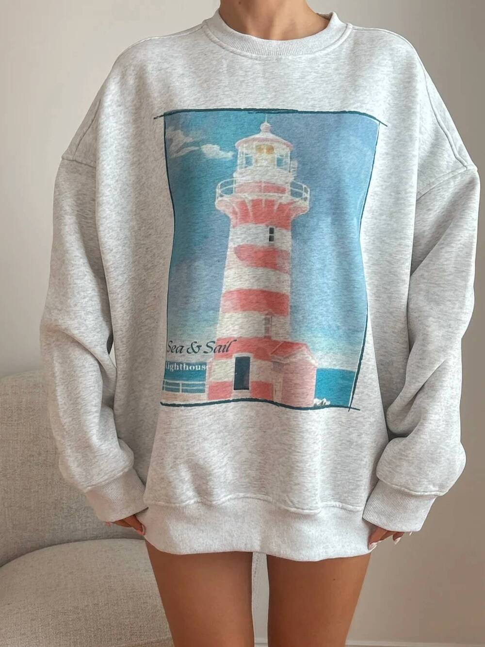 NEW SUNKISSED COCONUT seaside lighthouse sweatshirt in grey